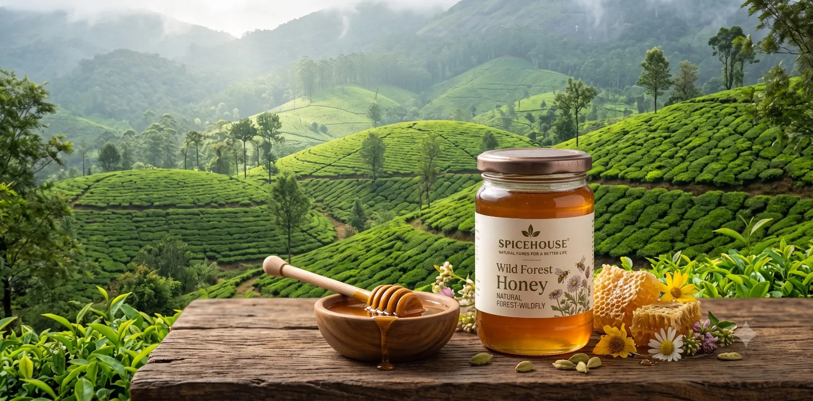 A jar of wild forest honey on a wooden table overlooking Idukki's tea hills